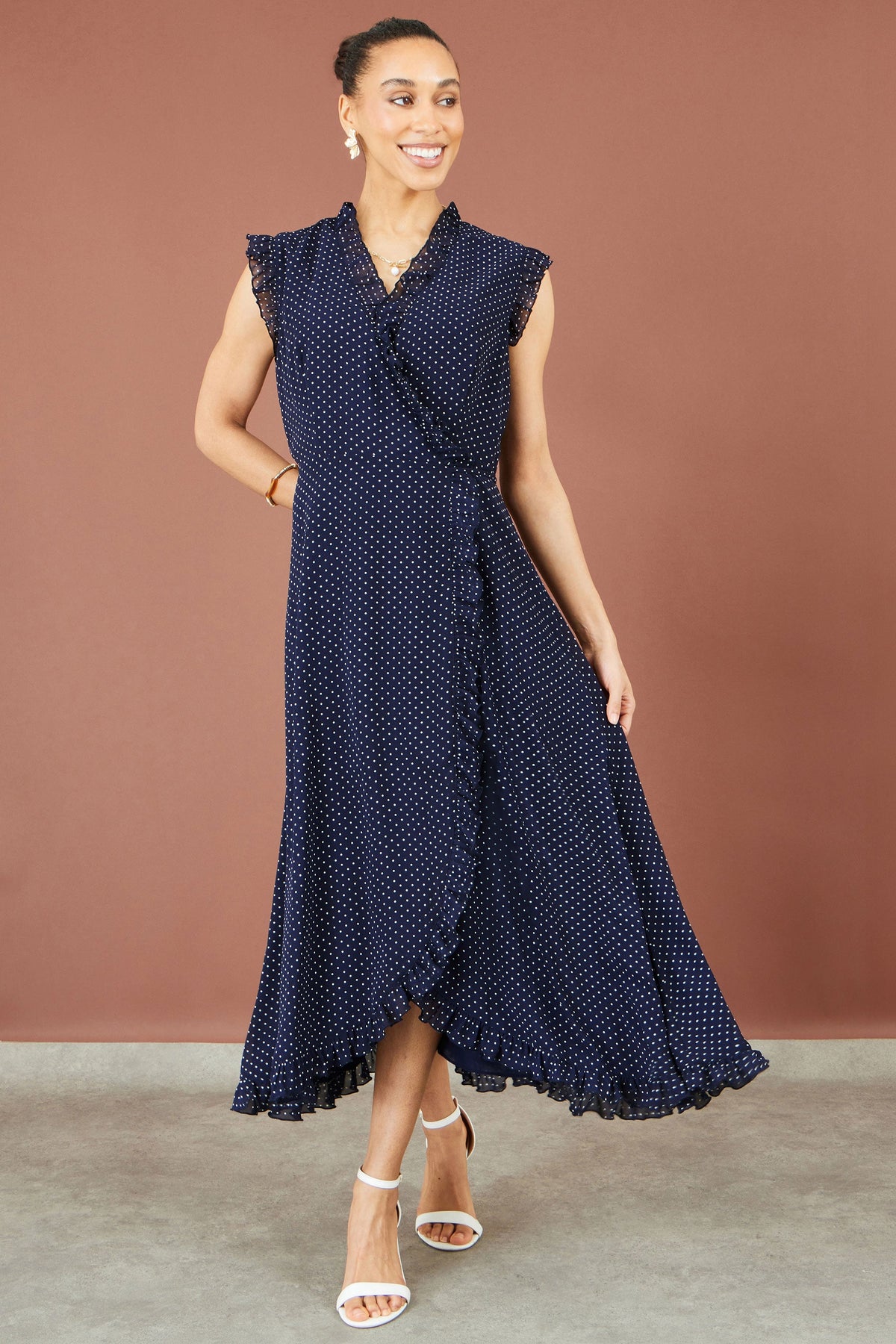 Yumi Navy Polka Dot Midi Wrap Frill Dress
