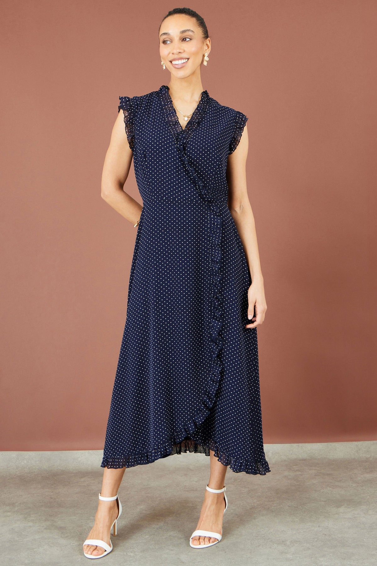 Yumi Navy Polka Dot Midi Wrap Frill Dress