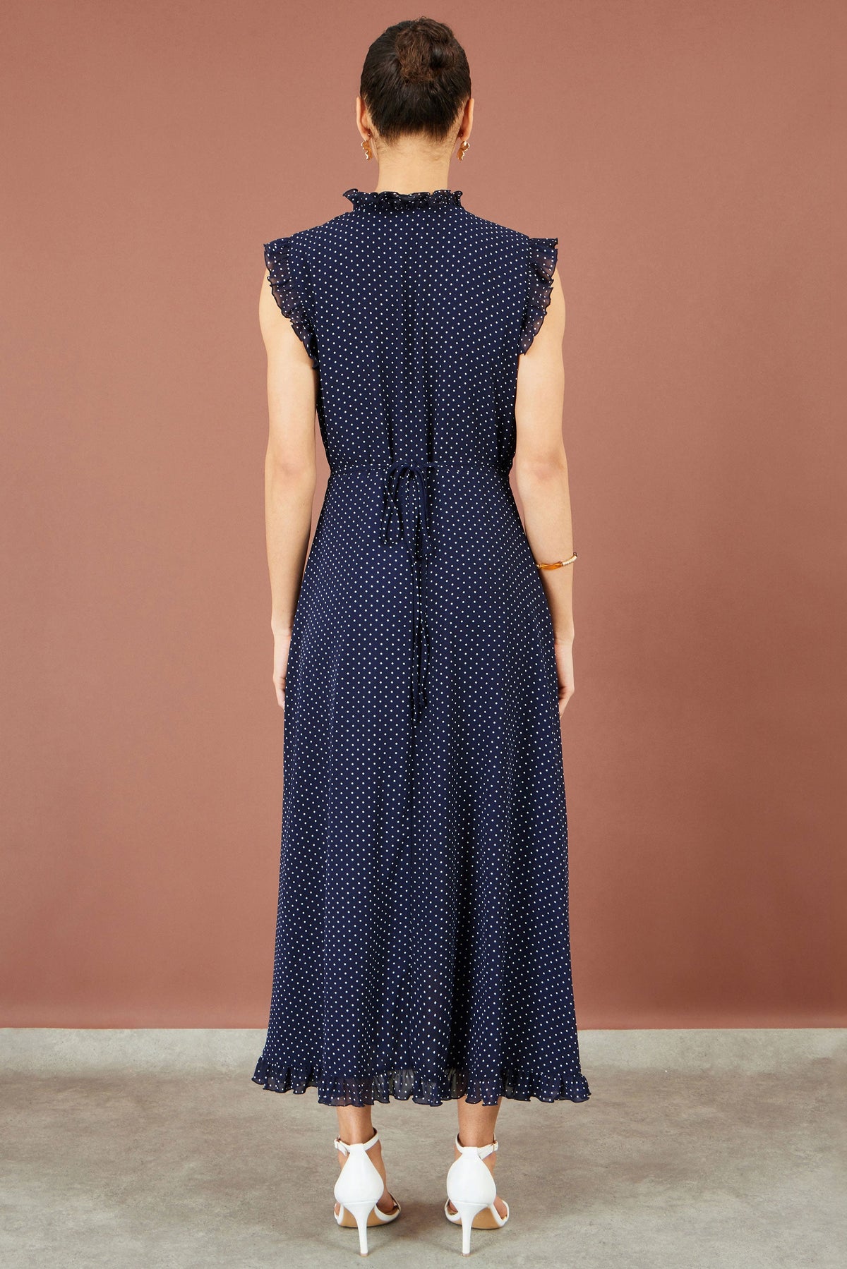 Yumi Navy Polka Dot Midi Wrap Frill Dress
