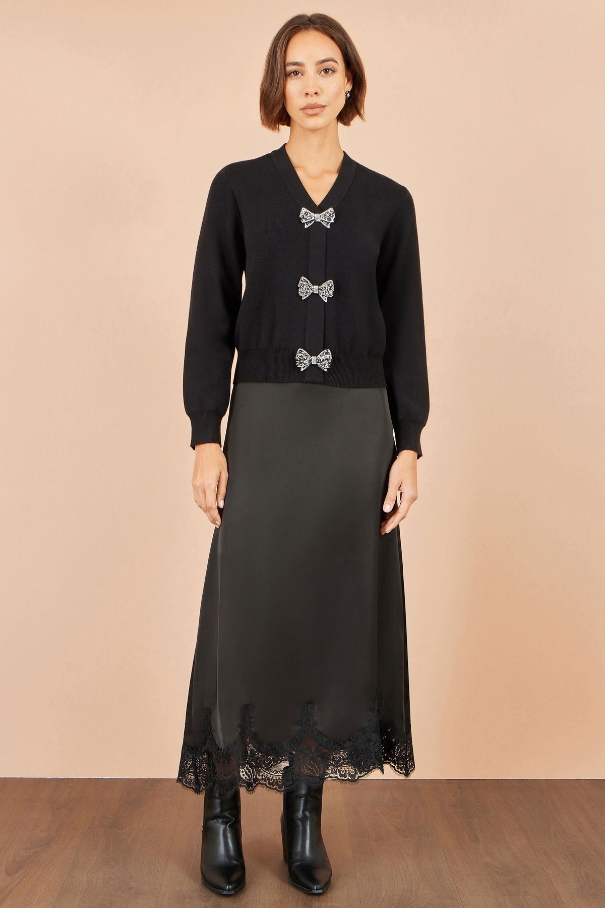 Yumi Black Sparkle Bow Cardigan