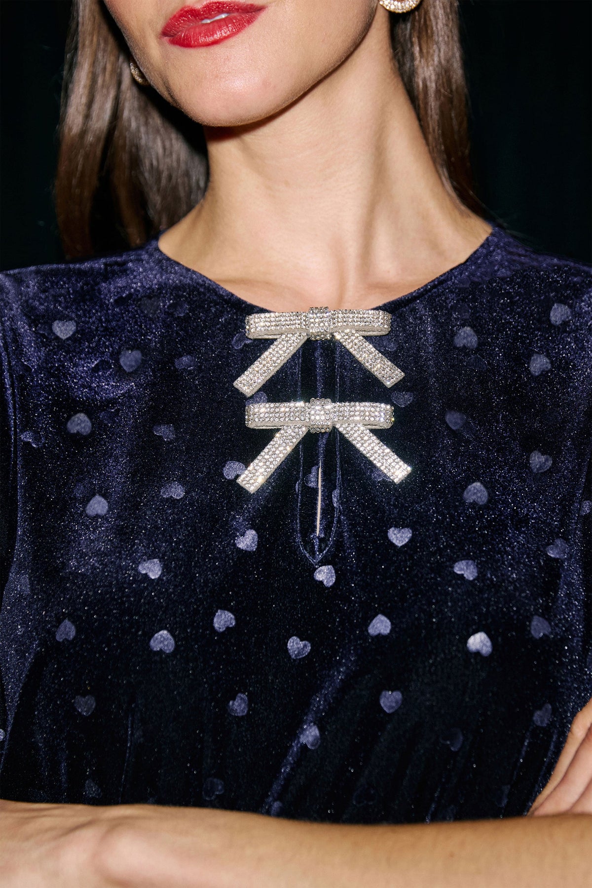 Yumi Navy Velvet Heart Top With Bow Detail