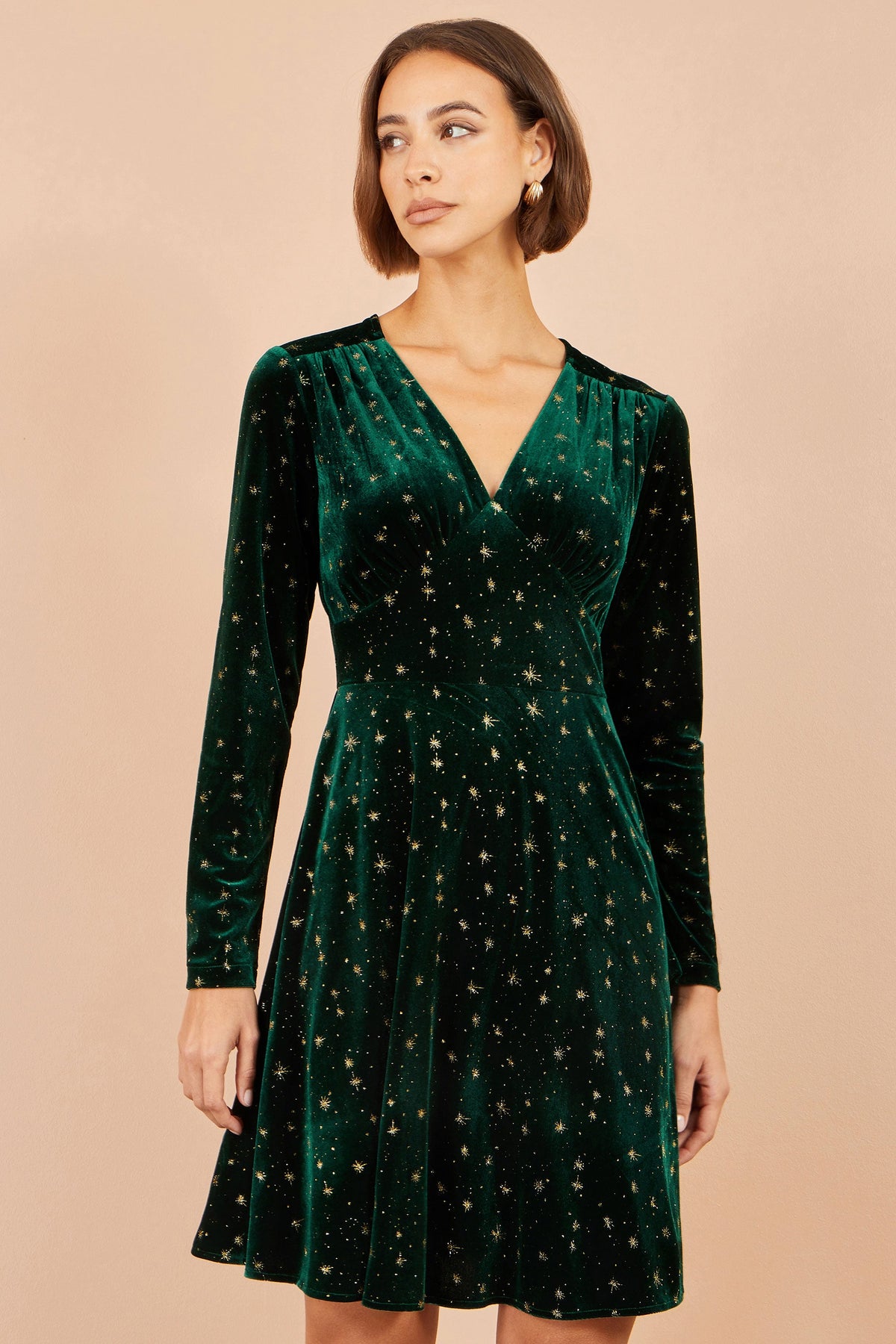 Yumi Green Velvet Skater Dress With Foil Star Print