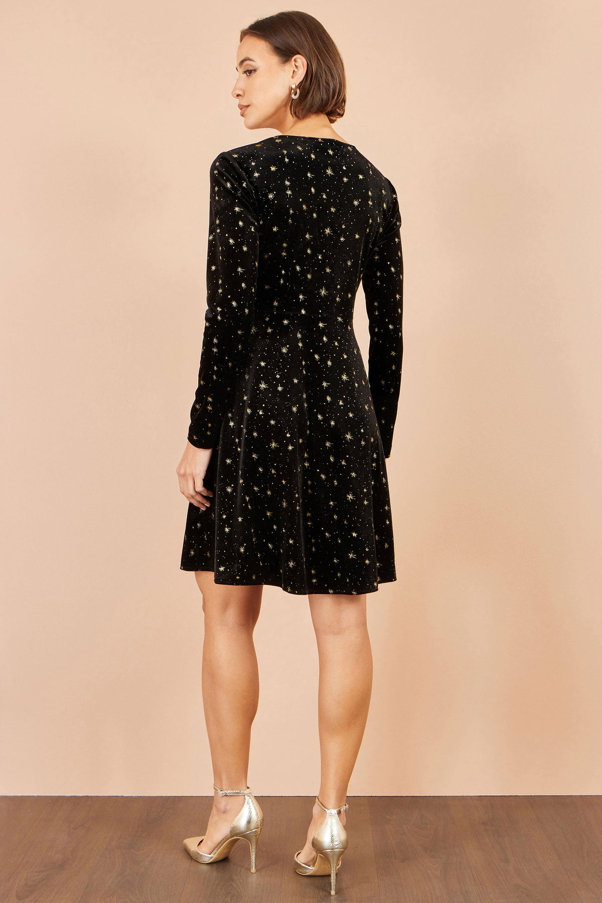 Yumi Black Velvet Skater Dress With Foil Star Print