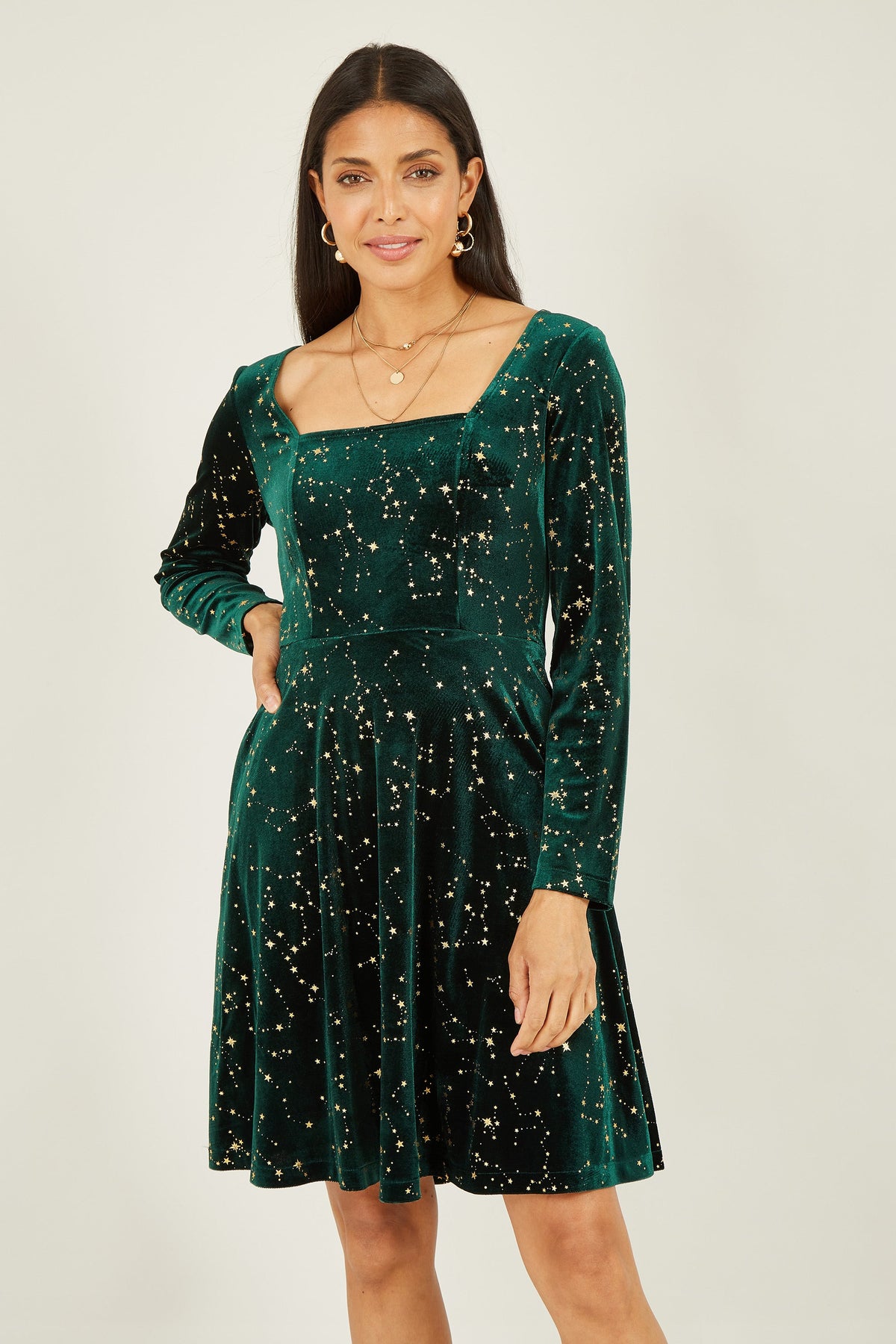 Yumi-Green-velvet-star-constellation-mini-dress