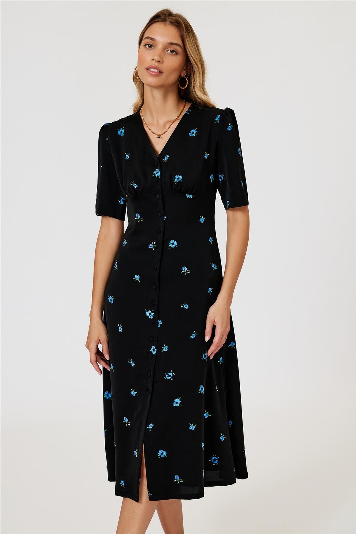 FS Collection Black & Blue Floral Print Button Front Midi Dress