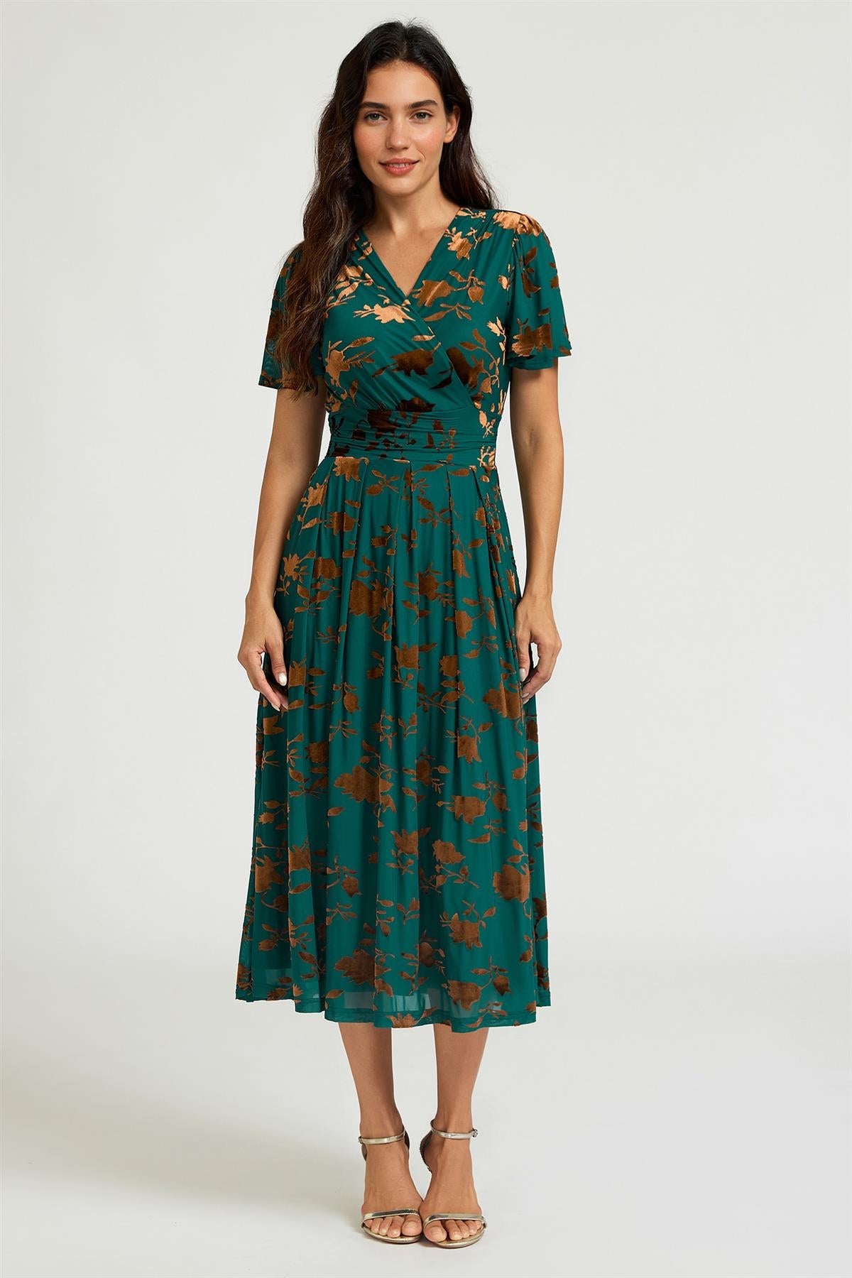 FS Collection Velvet Flock Short Sleeve Midi Dress In Jade Green