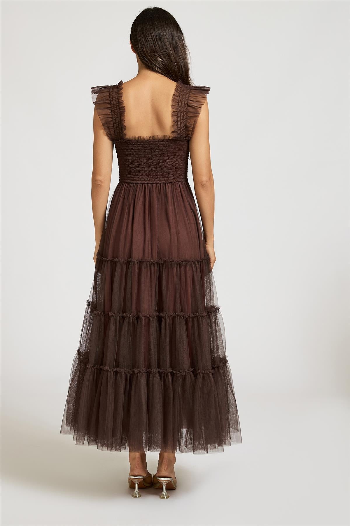 FS Collection Sleeveless Smocked Ruffle Tulle Dress In Brown