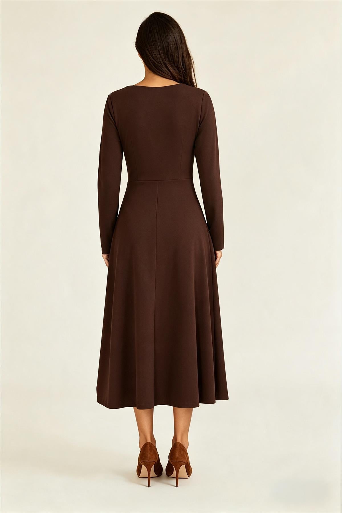 FS Collection Square Neck Long Sleeve Fit & Flare Midi Dress Espresso