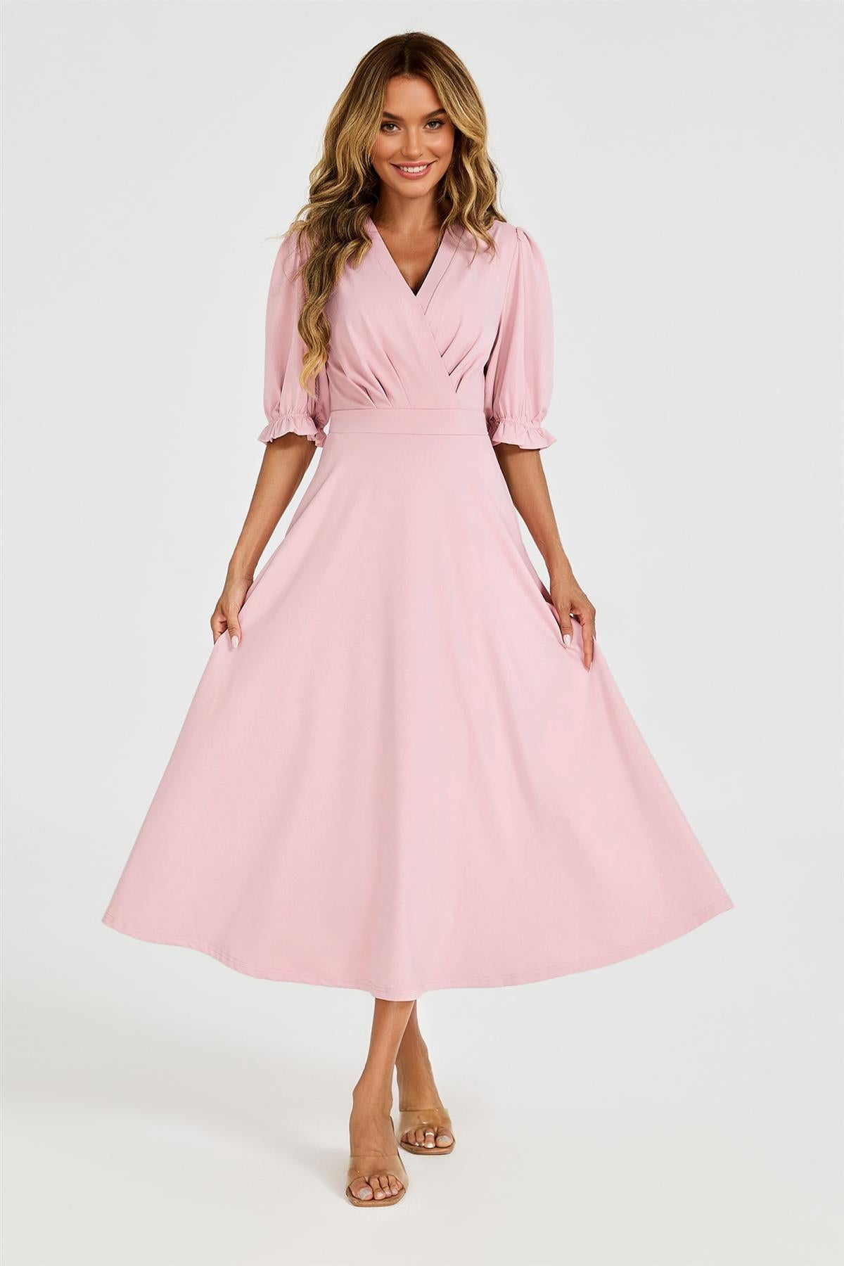 FS Collection Half Sleeves Jersey Midi Dress with Wrap Neckline In Dusty Blush