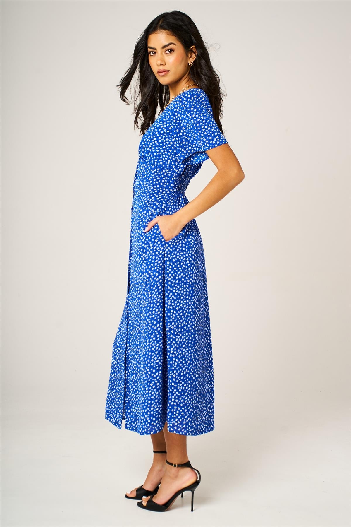 Little Floral Print Button Front Midi Dress In Blue