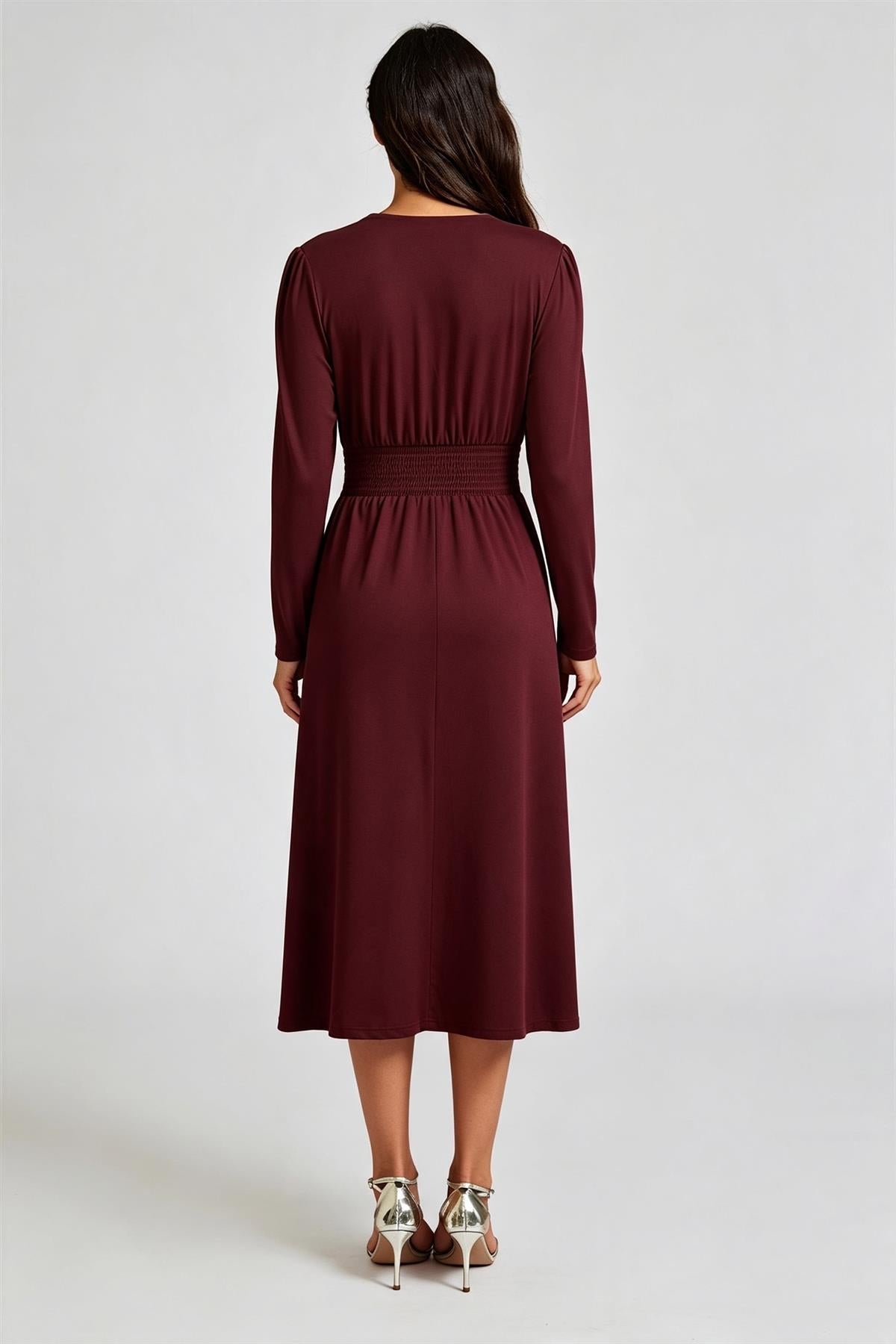FS Collection Burgundy Jersey Long Sleeve Midi Dress