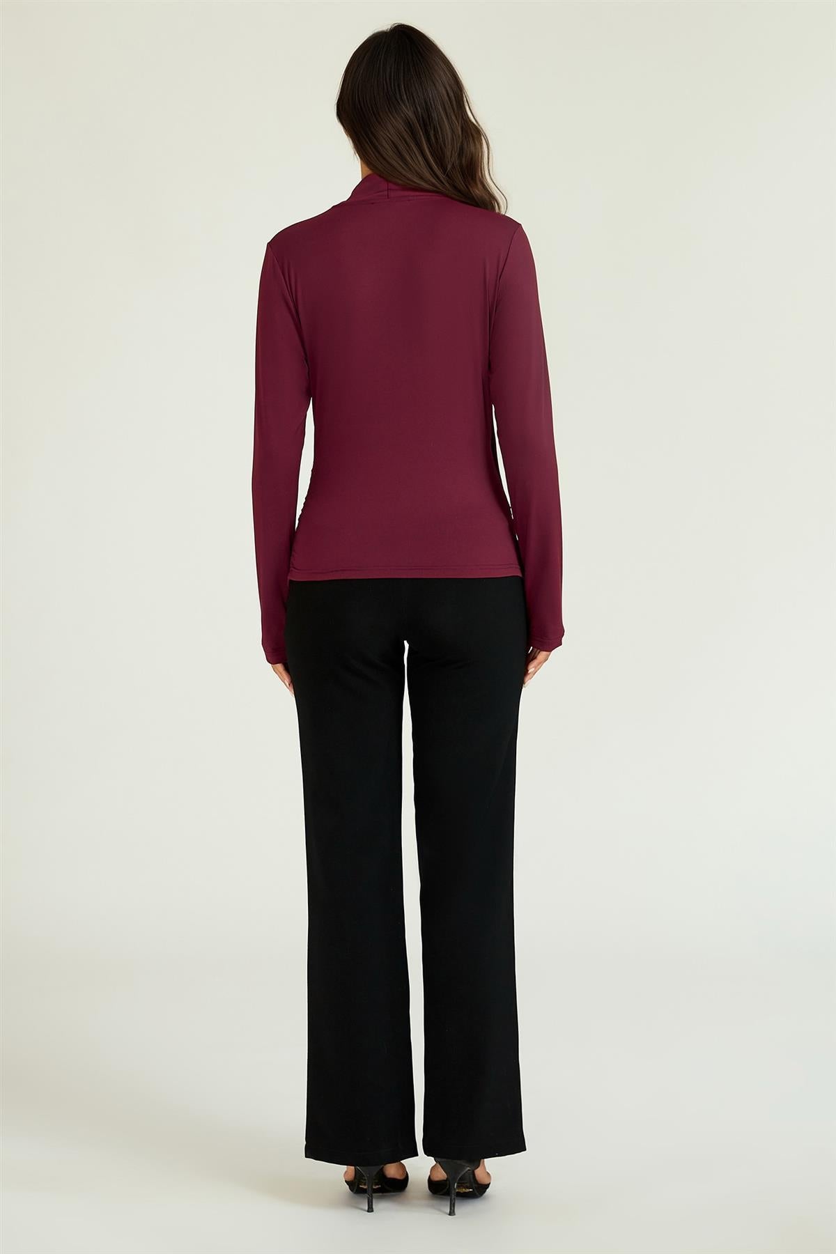 Long Sleeve Wrap Neck Ruched Top In Wine
