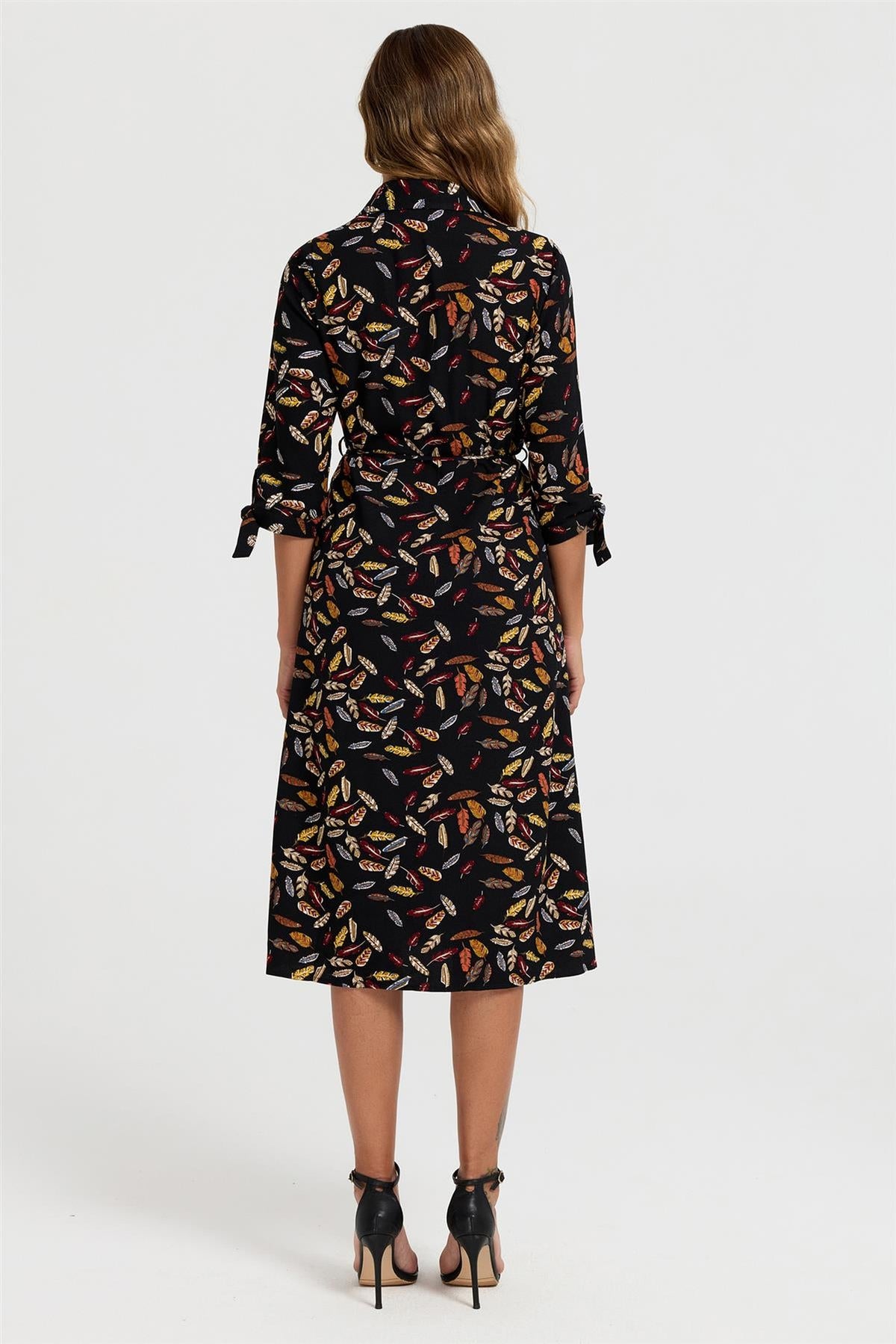 Leaf Print Tie On Sleeves Midi Shirt Dress In Black