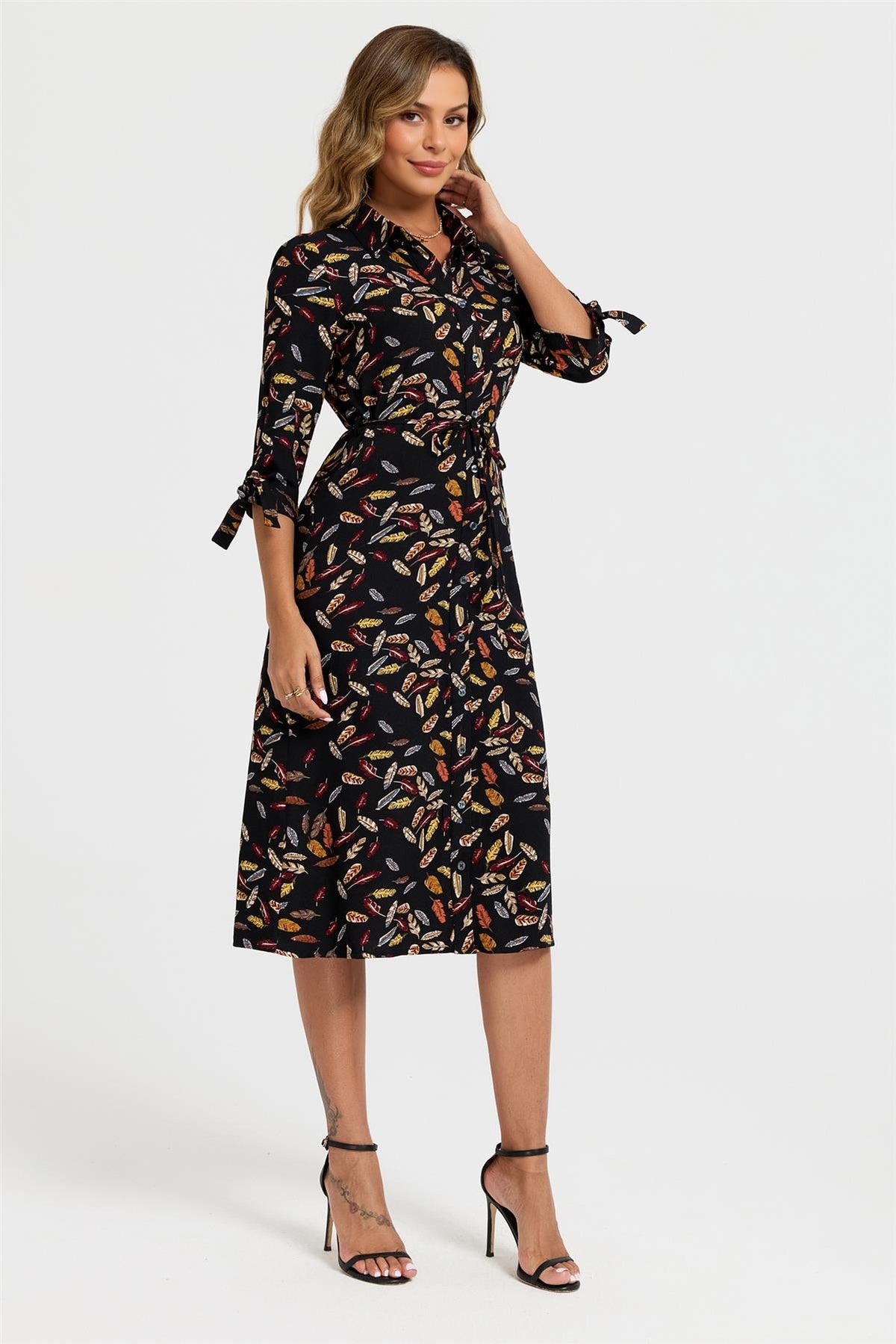 Leaf Print Tie On Sleeves Midi Shirt Dress In Black