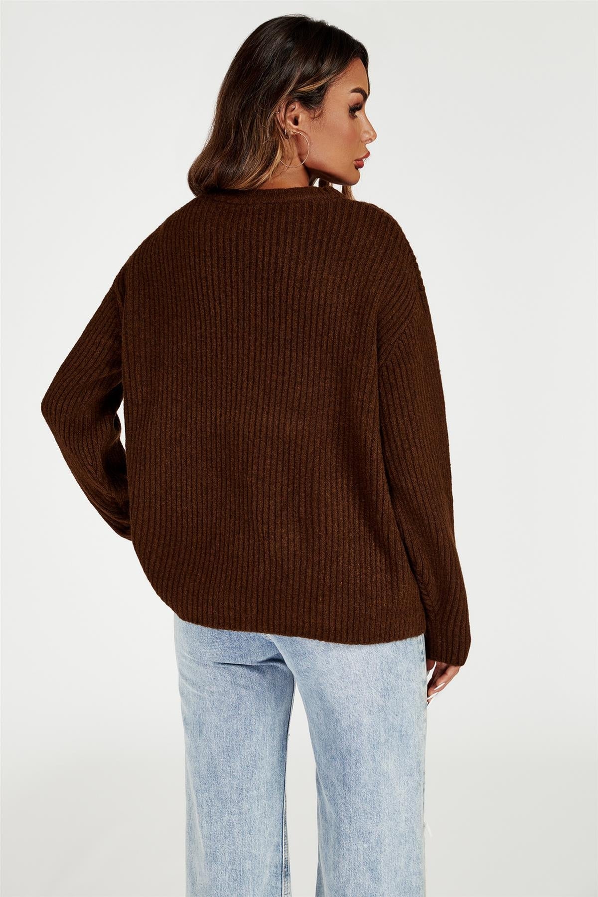 FS Collection V Neck Jumper Top In Brown