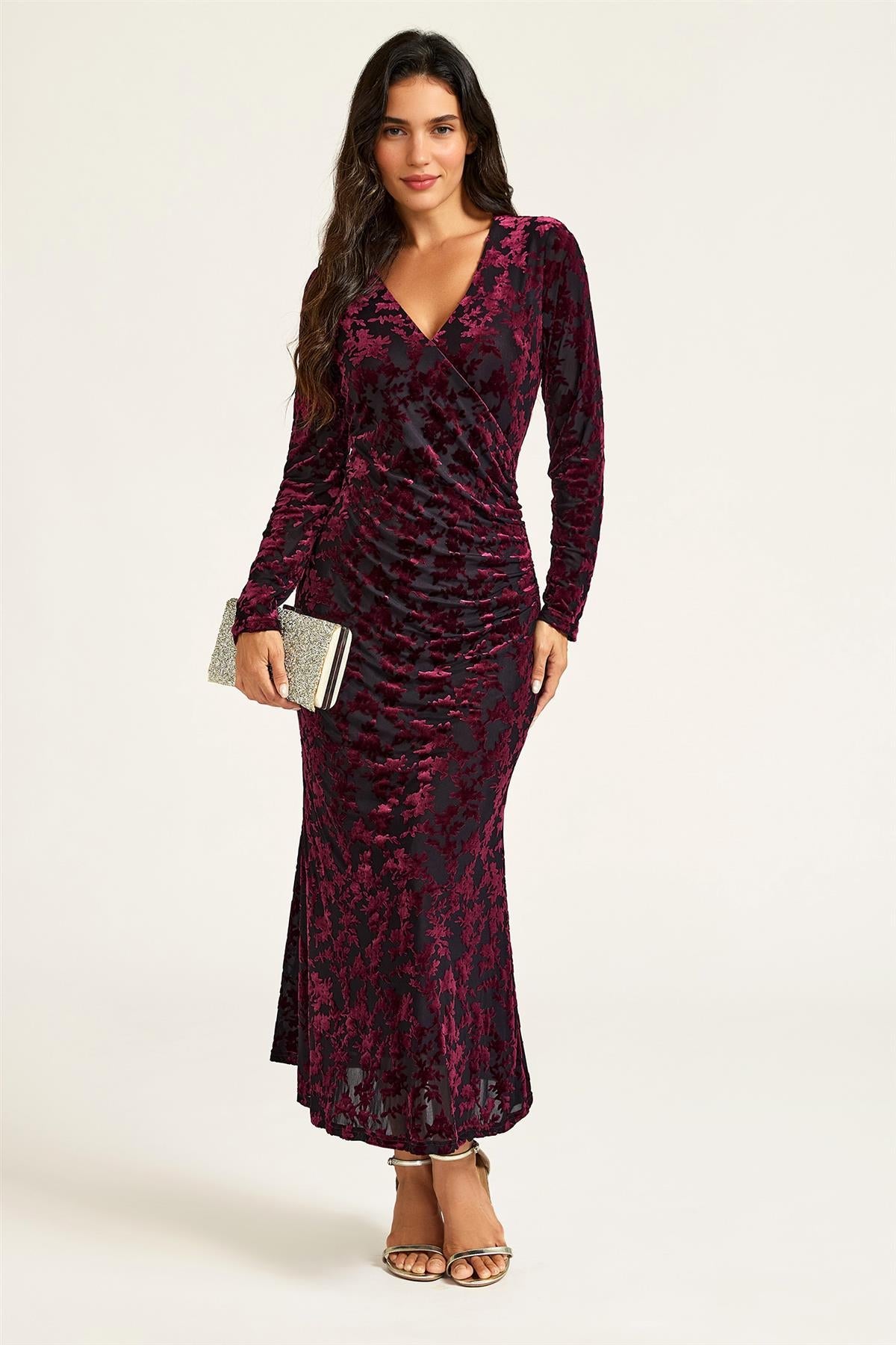 FS Collection Wine Floral Velvet Devore Long Sleeve Wrap Midi Dress