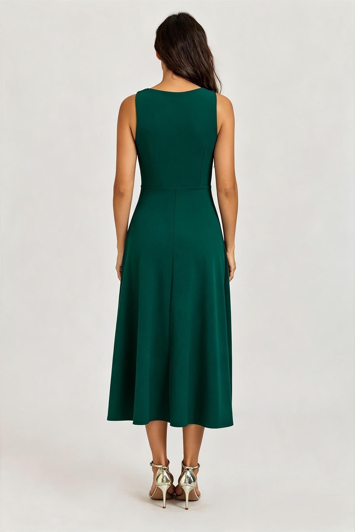 Square Neck Sleeveless Fit & Flare Midi Dress In Green