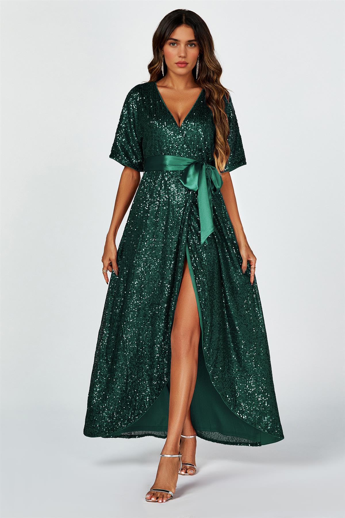 FS Collection Wrap Style Sequin Maxi Dress In Green