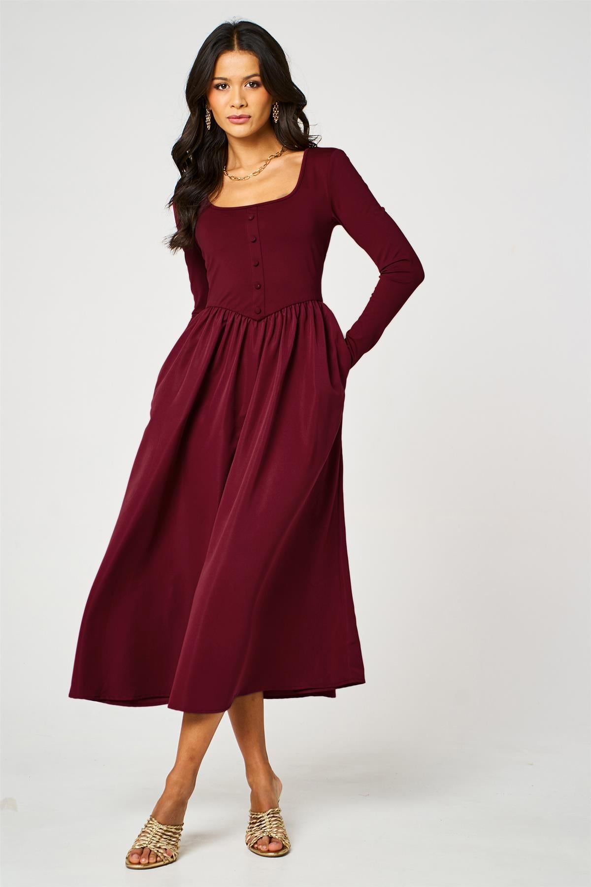 FS Collection Long Sleeve Button Detail Midi Dress In Wine