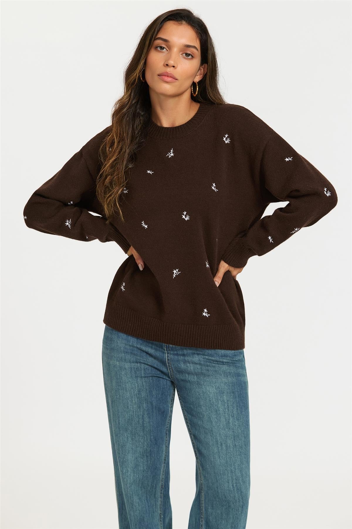 FS Collection Embroidered Floral Knit Jumper Top In Brown