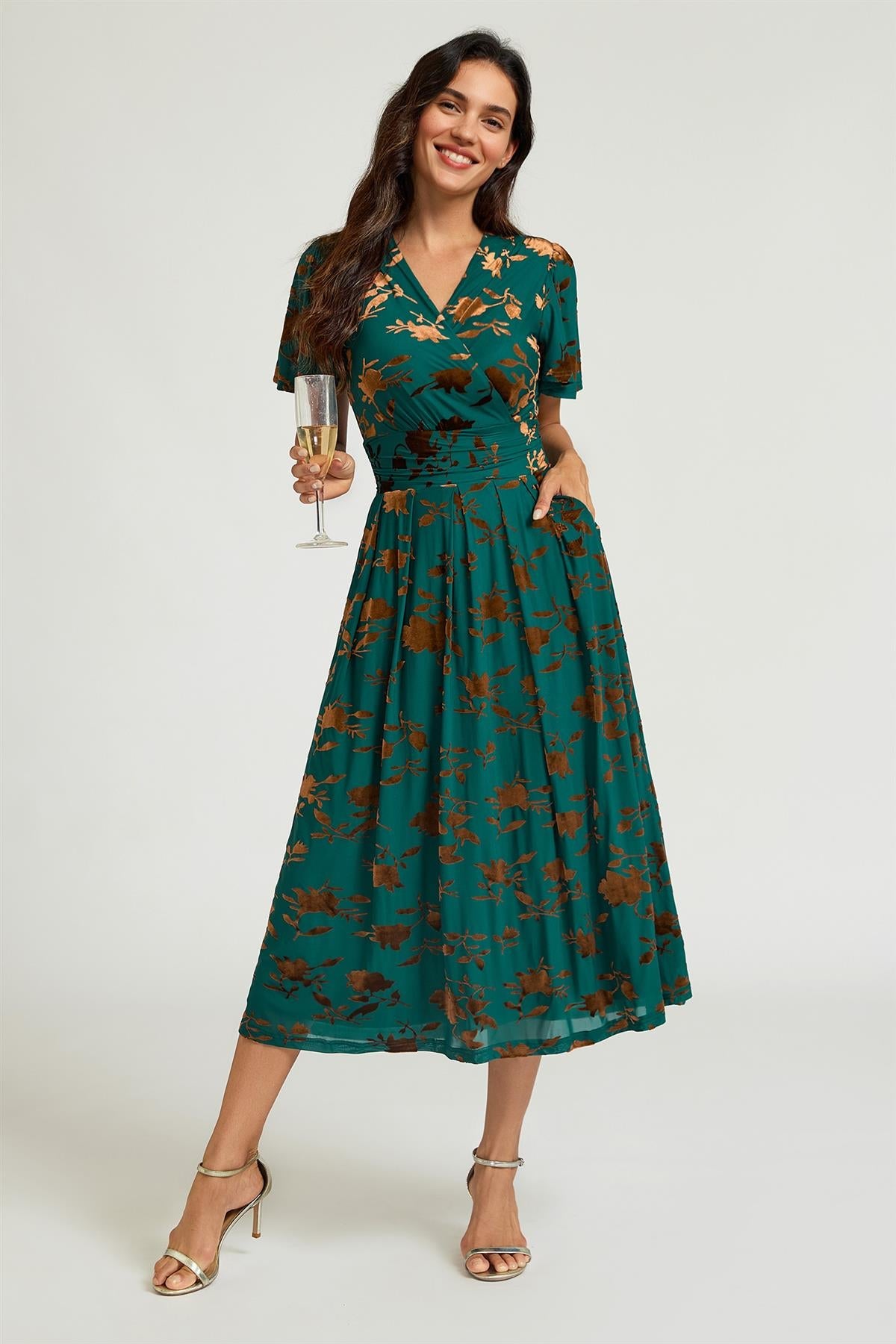 FS Collection Velvet Flock Short Sleeve Midi Dress In Jade Green