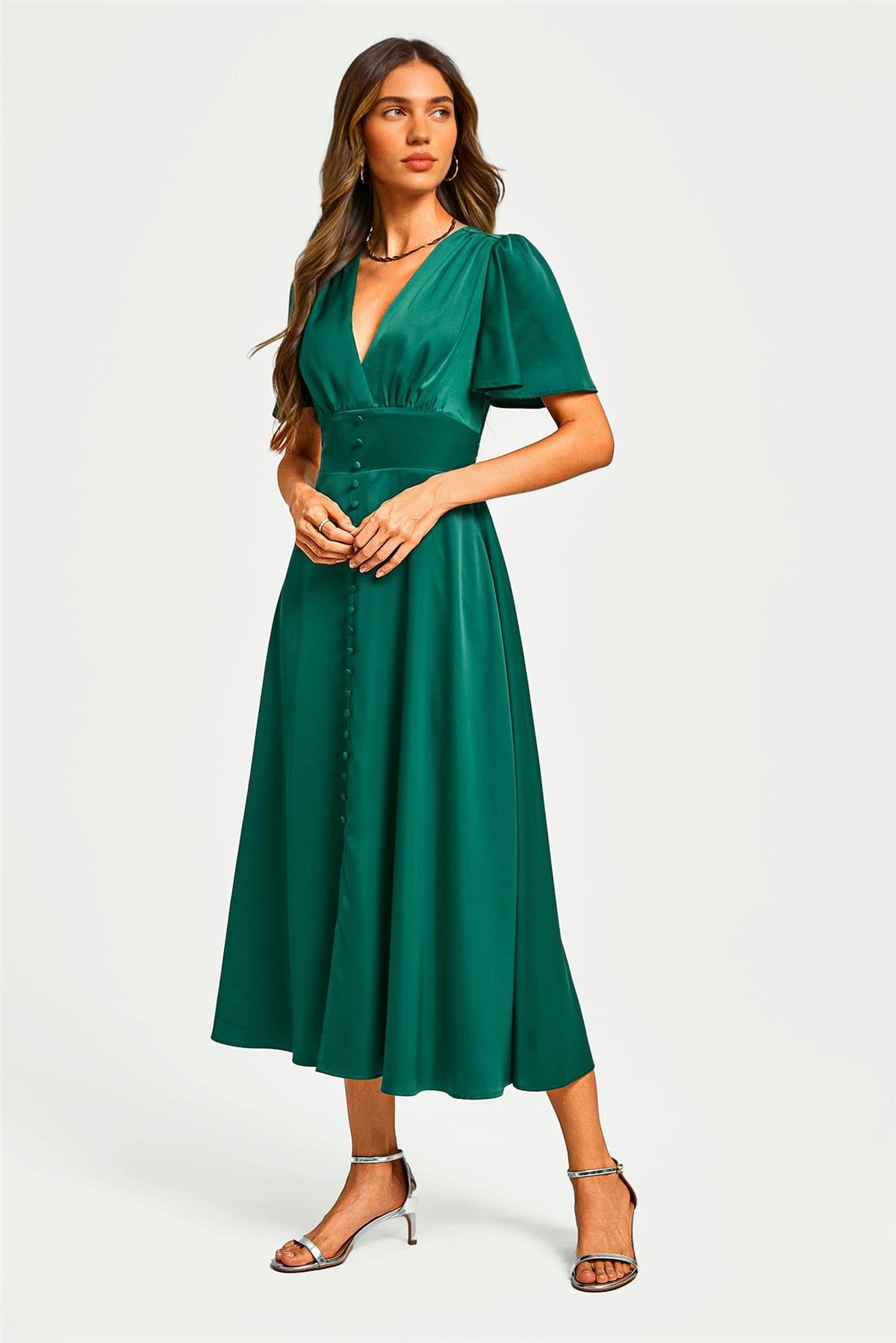Satin V neckline Button Detail Dress In Green
