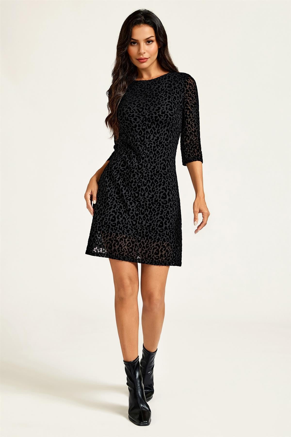 FS Collection Black Velvet Leopard Devore Mini Dress