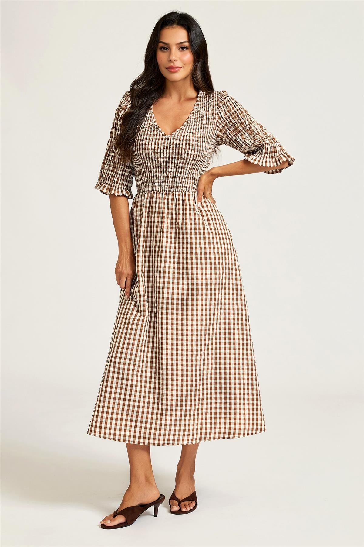 FS Collection Check Print V Neck Half Sleeve Midi Dress In Brown