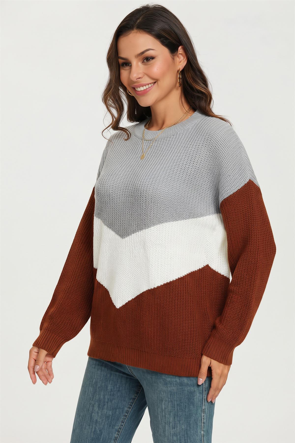 Colour Block Chevron Crew Neck Knitted Jumper