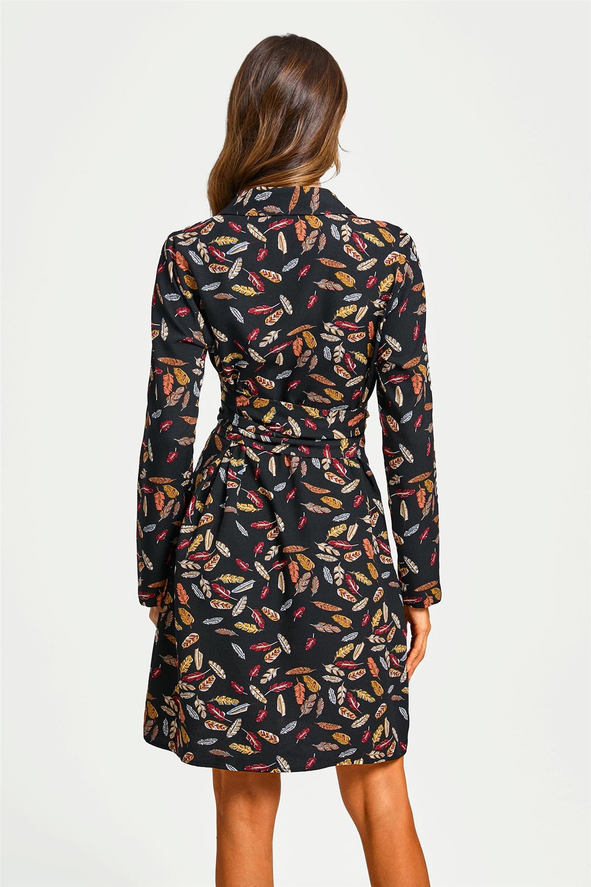 Leaf Print Tie Front Mini Shirt Dress In Black