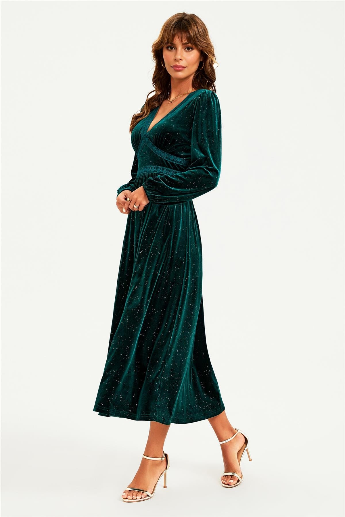 Silver Foil Velvet Lace Trim Neckline Midi Dress In Green