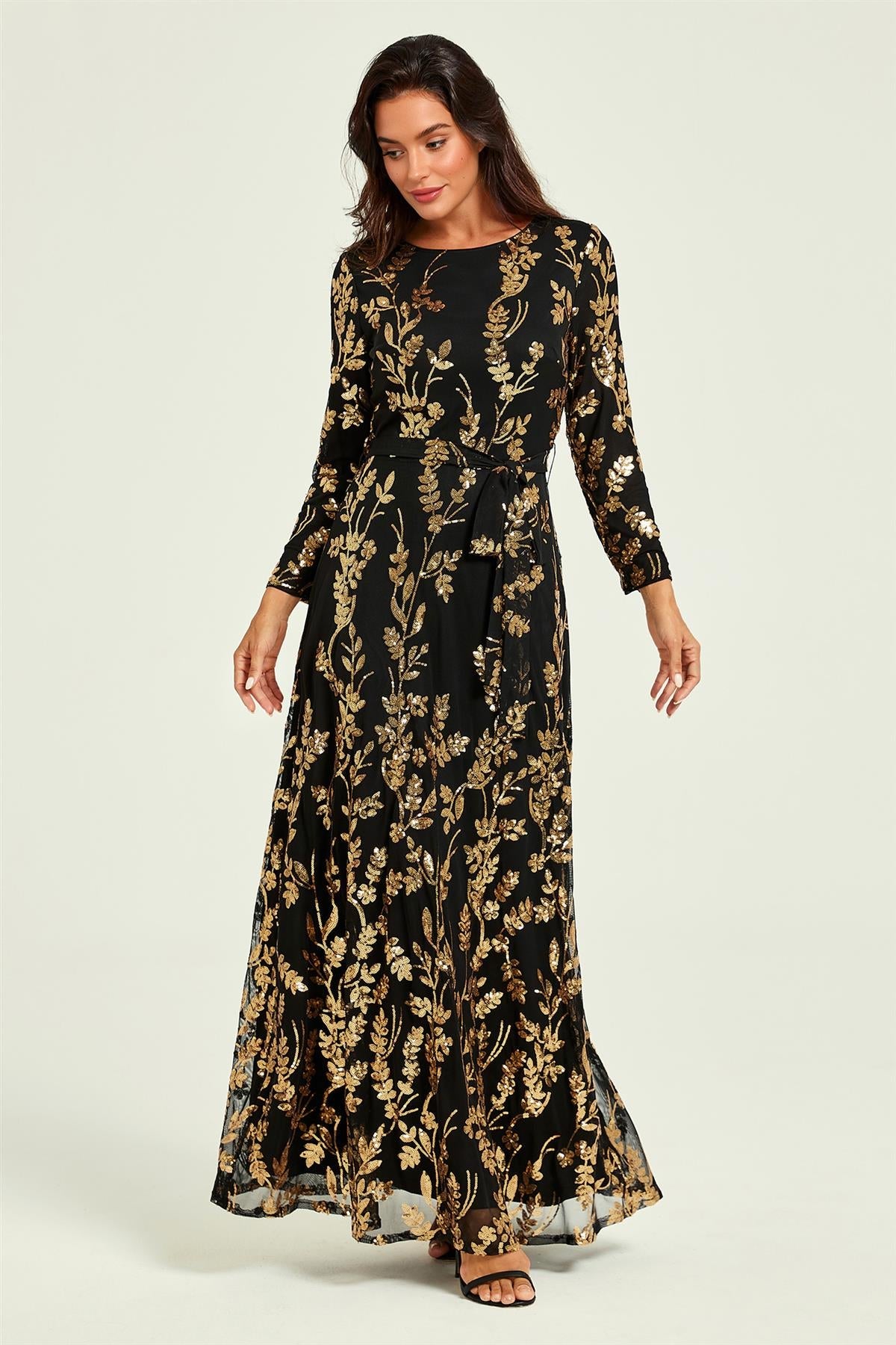 FS Collection Gold Sequin Leaf Long Sleeve Bridesmaid Maxi Dress In Black