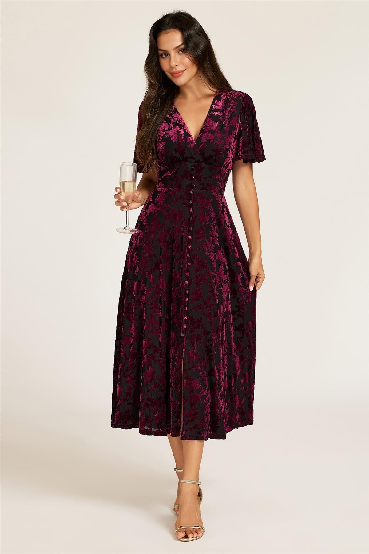 FS Collection Floral Velvet Devore V neckline Dress