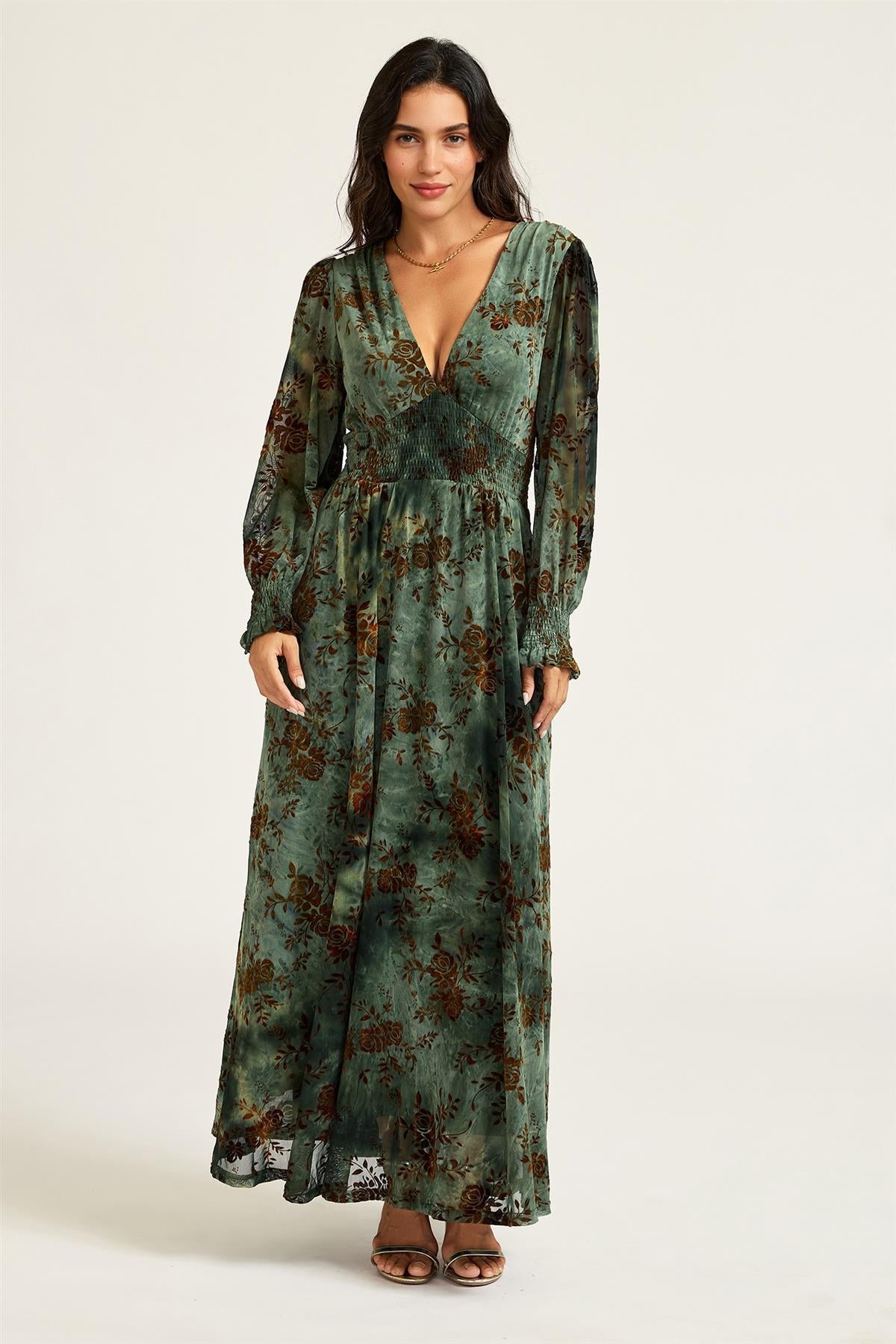FS Collection Brown Floral Velvet Devore Long Sleeve Maxi Dress In Green