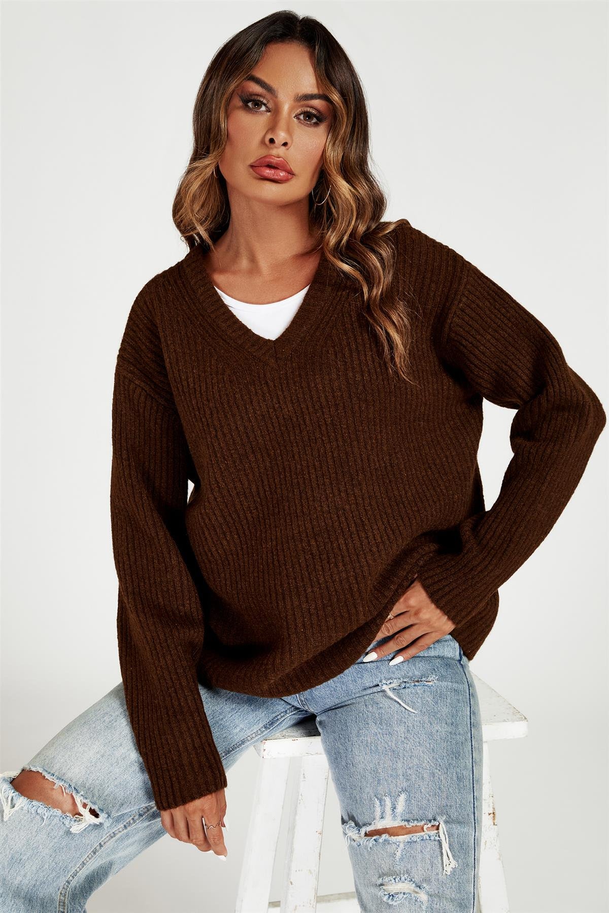 FS Collection V Neck Jumper Top In Brown