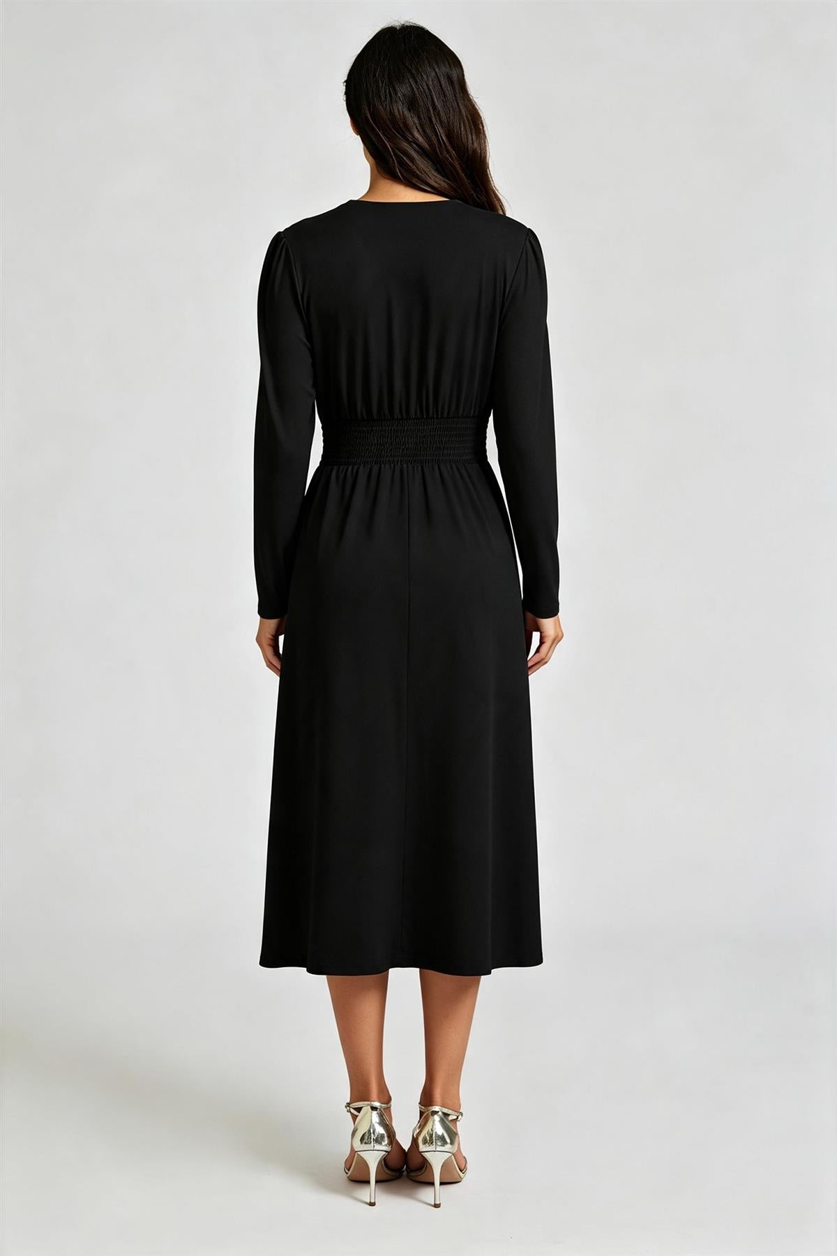 FS Collection Black Jersey Long Sleeve Midi Dress