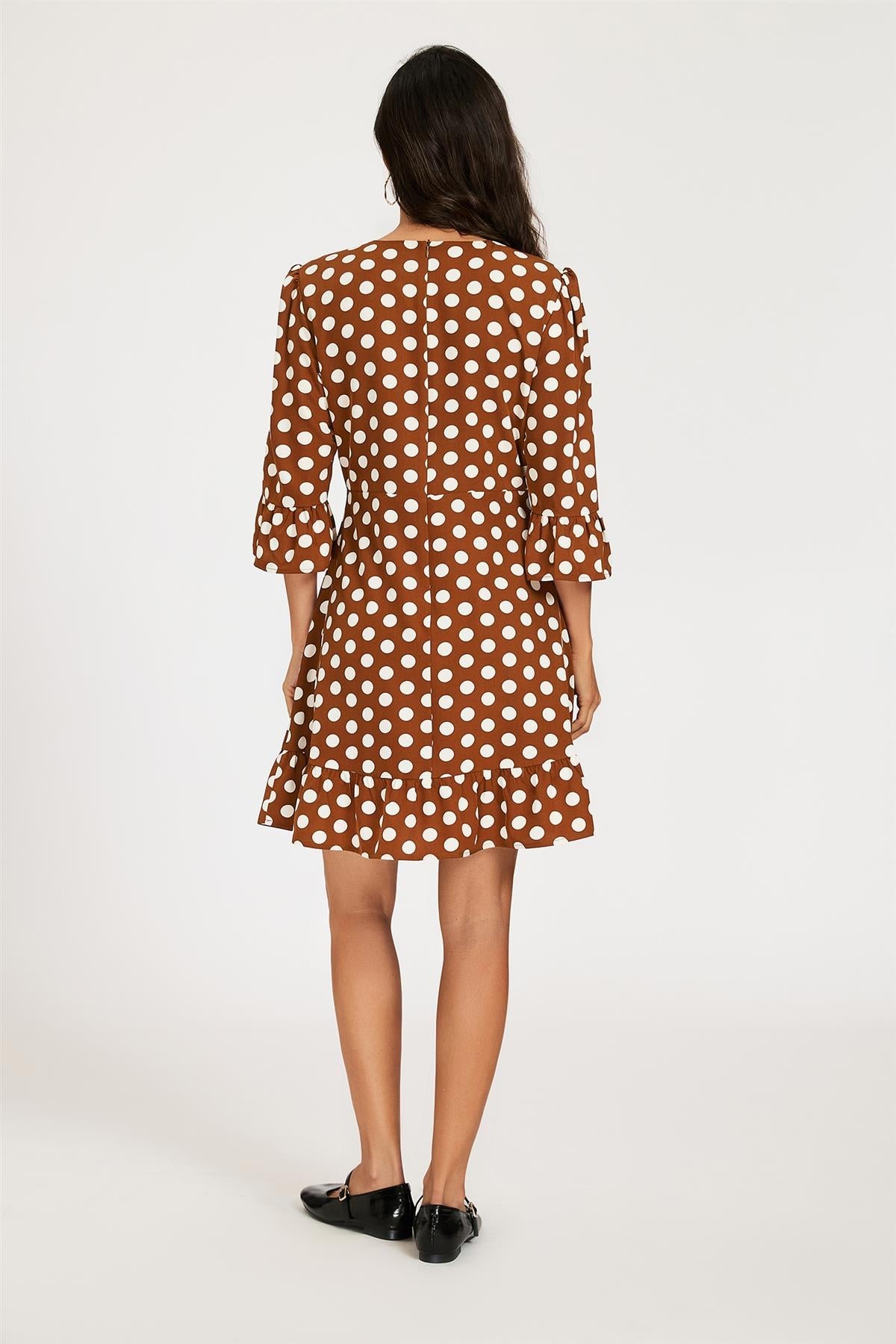 FS Collection Polka Dot Print Frill Detail Mini Dress In Brown