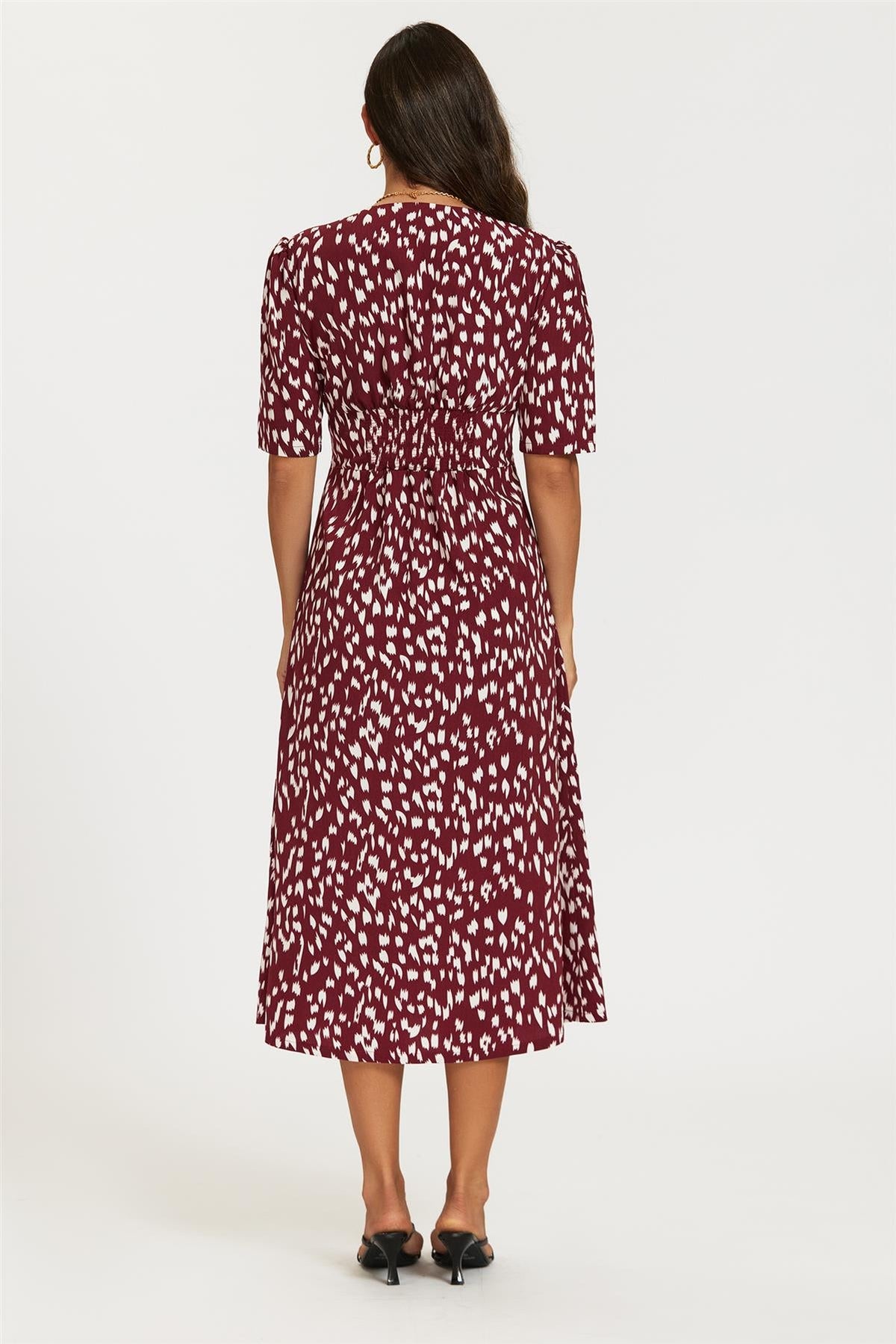 FS Collection Brushstroke Print Button Front Midi Dress In Burgundy
