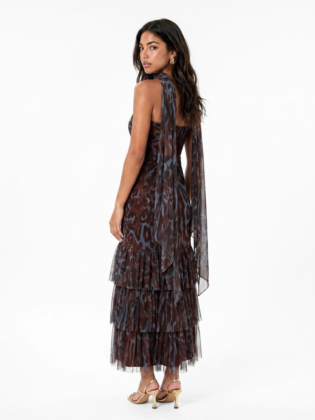 Anaya With Love Bandeau Brown Animal Print Midaxi Scarf Dress