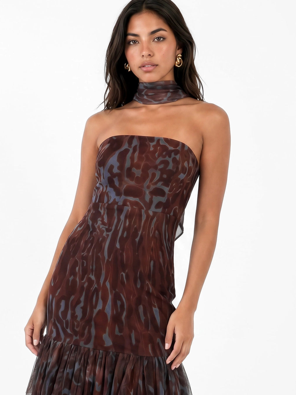 Anaya With Love Bandeau Brown Animal Print Midaxi Scarf Dress