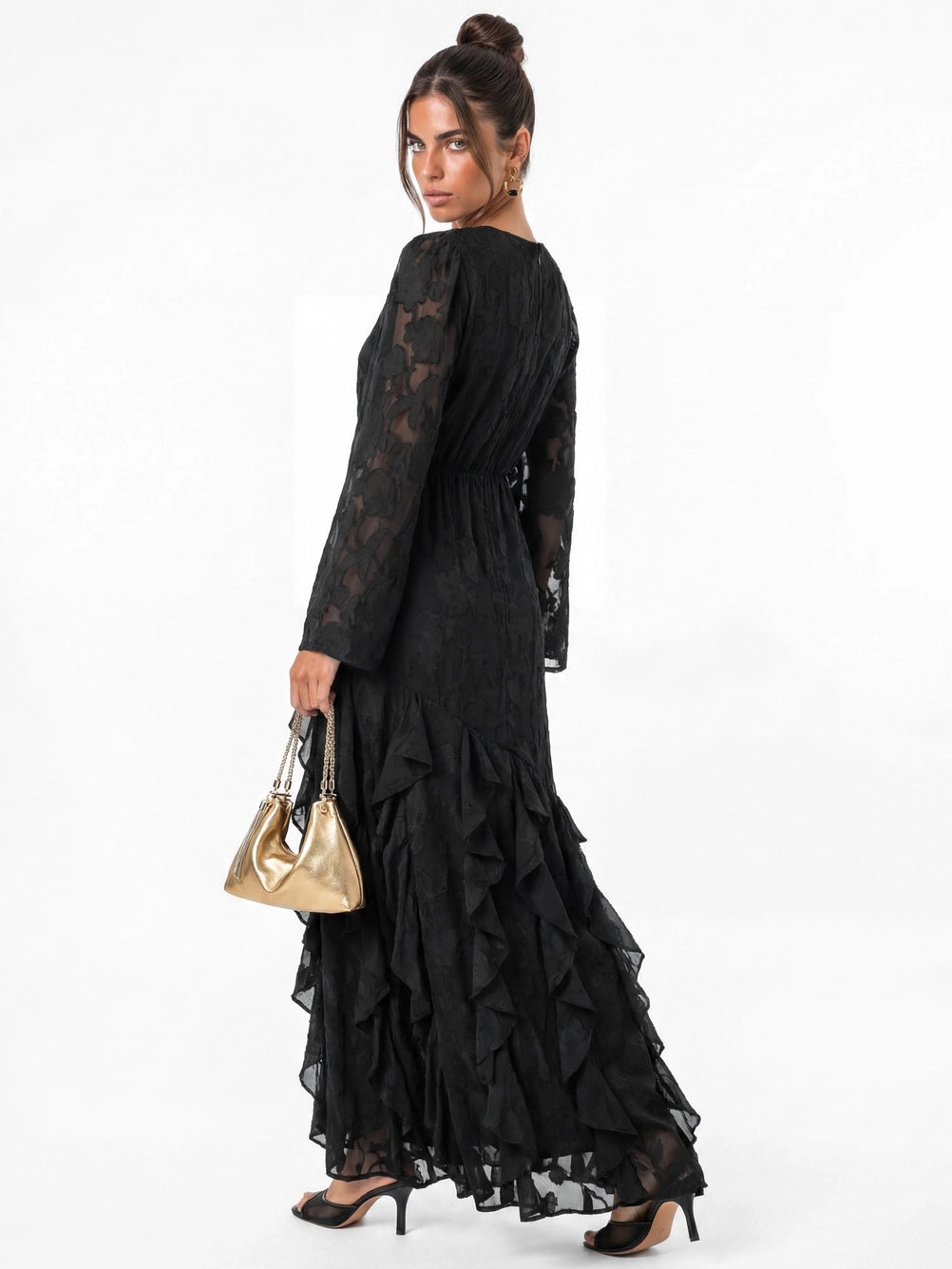 Anaya With Love Black Burnout Floral Waterfall Maxi Dress