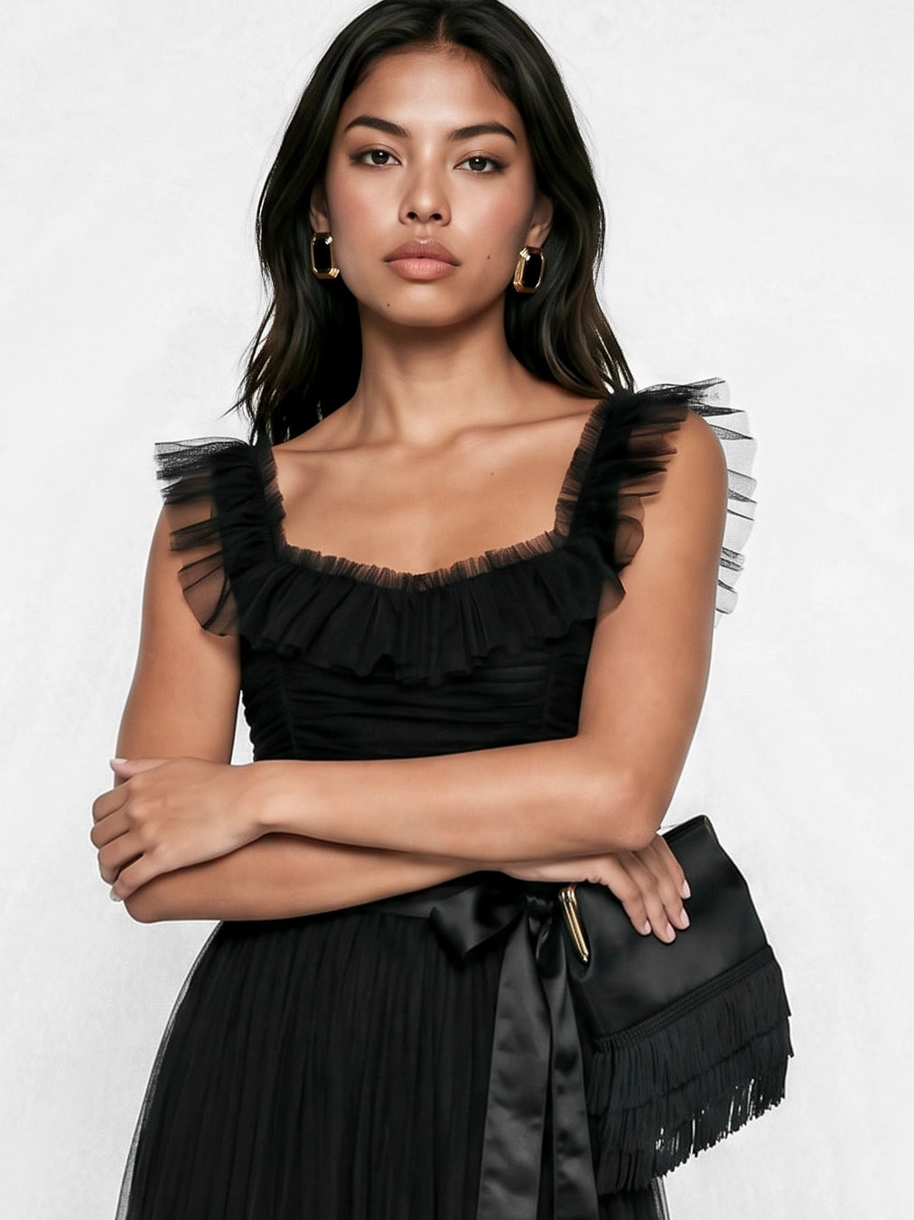 Anaya With Love Black Strappy Ruffle Tulle Maxi Dress