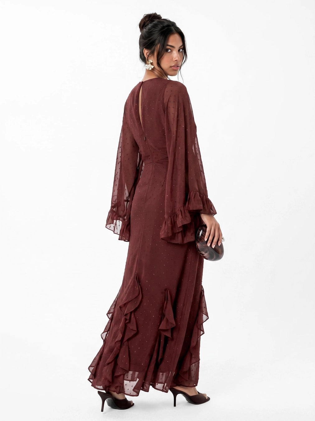 Anaya With Love Chocolate Brown Oversized Ruffle Cape Sleeve Maxi Dress