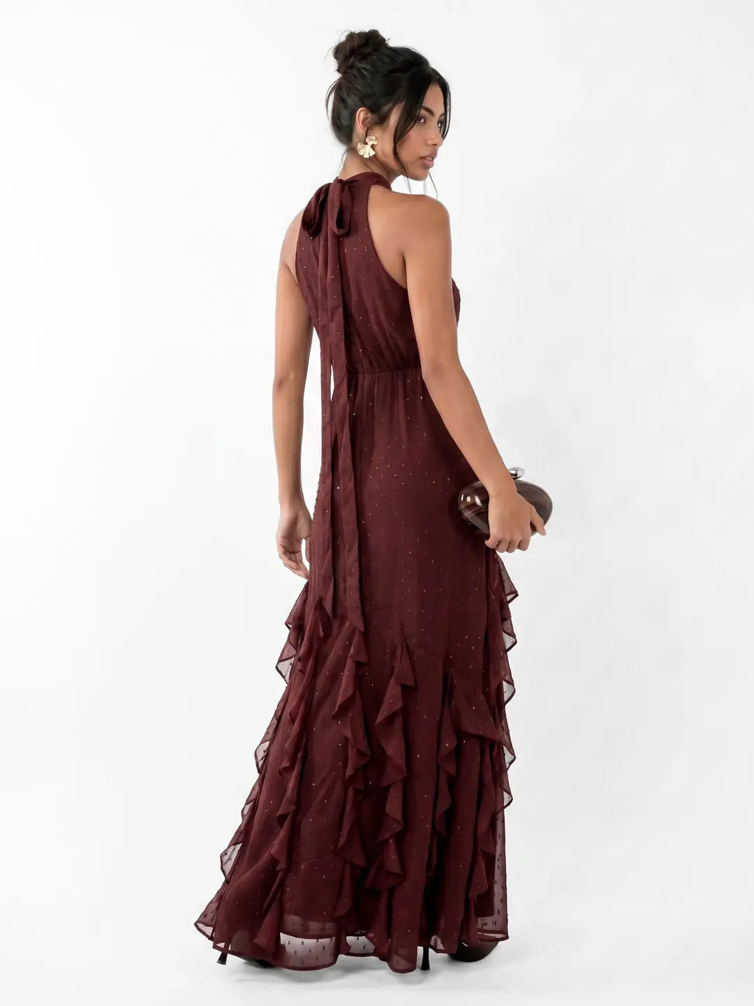 Anaya With Love Chocolate Ruffle Halterneck Maxi Dress