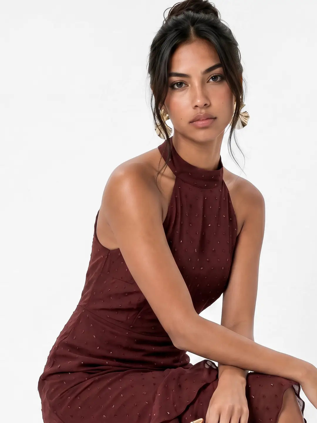 Anaya With Love Chocolate Ruffle Halterneck Maxi Dress