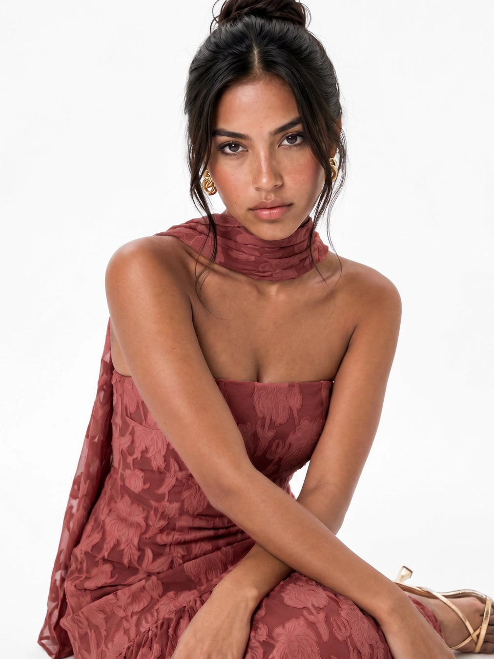 Anaya With Love Bandeau Floral Burnout Maxi Scarf Dress