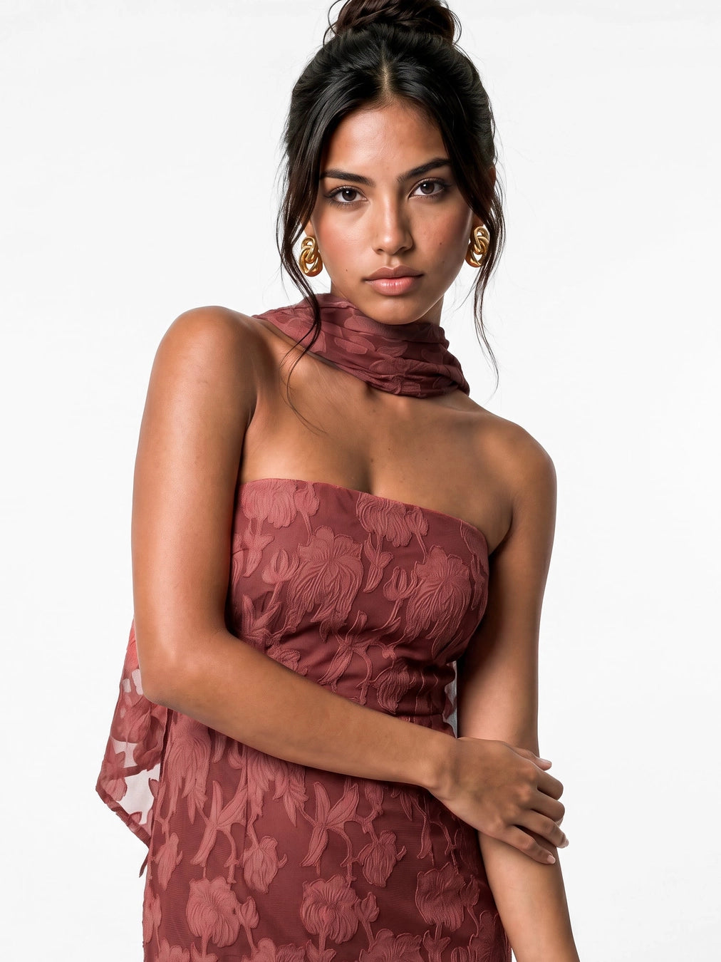Anaya With Love Bandeau Floral Burnout Maxi Scarf Dress