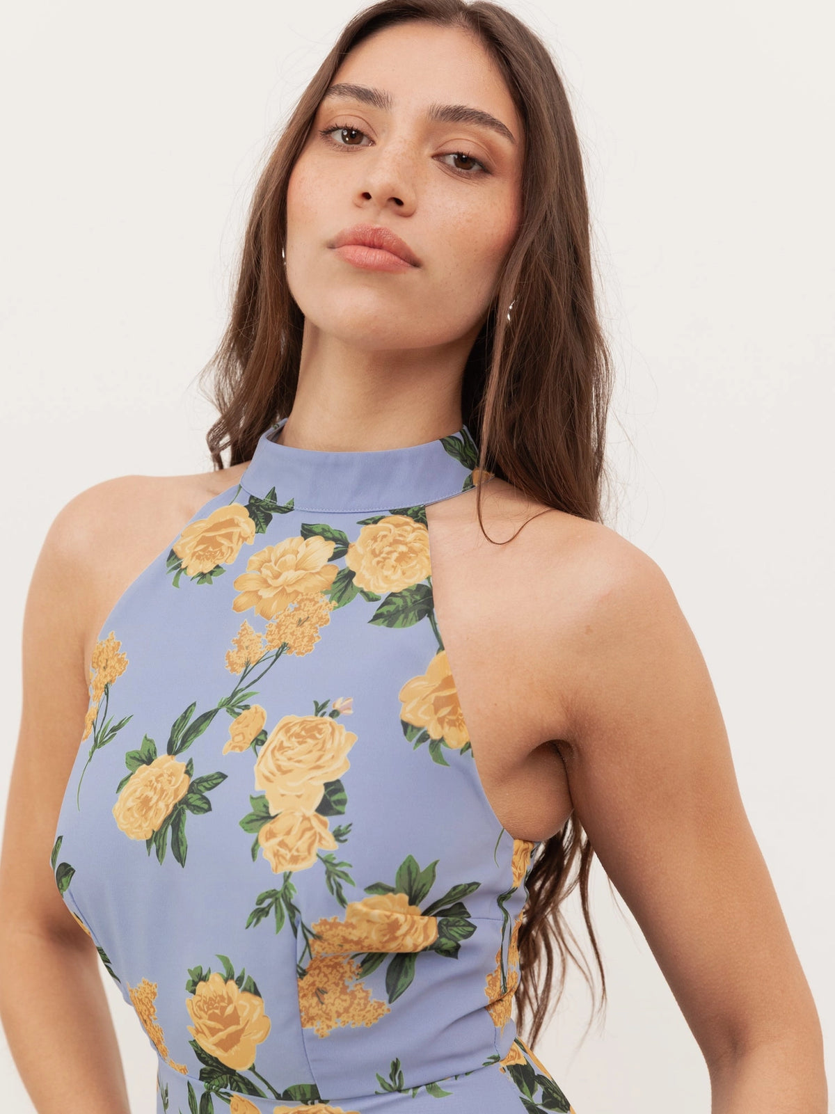 Anaya With Love Halterneck Blue Floral Ruffle Maxi Dress