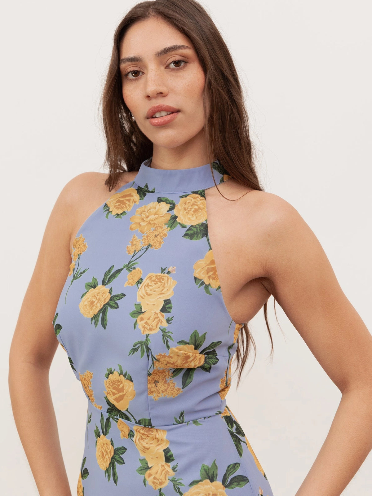 Anaya With Love Halterneck Blue Floral Ruffle Maxi Dress