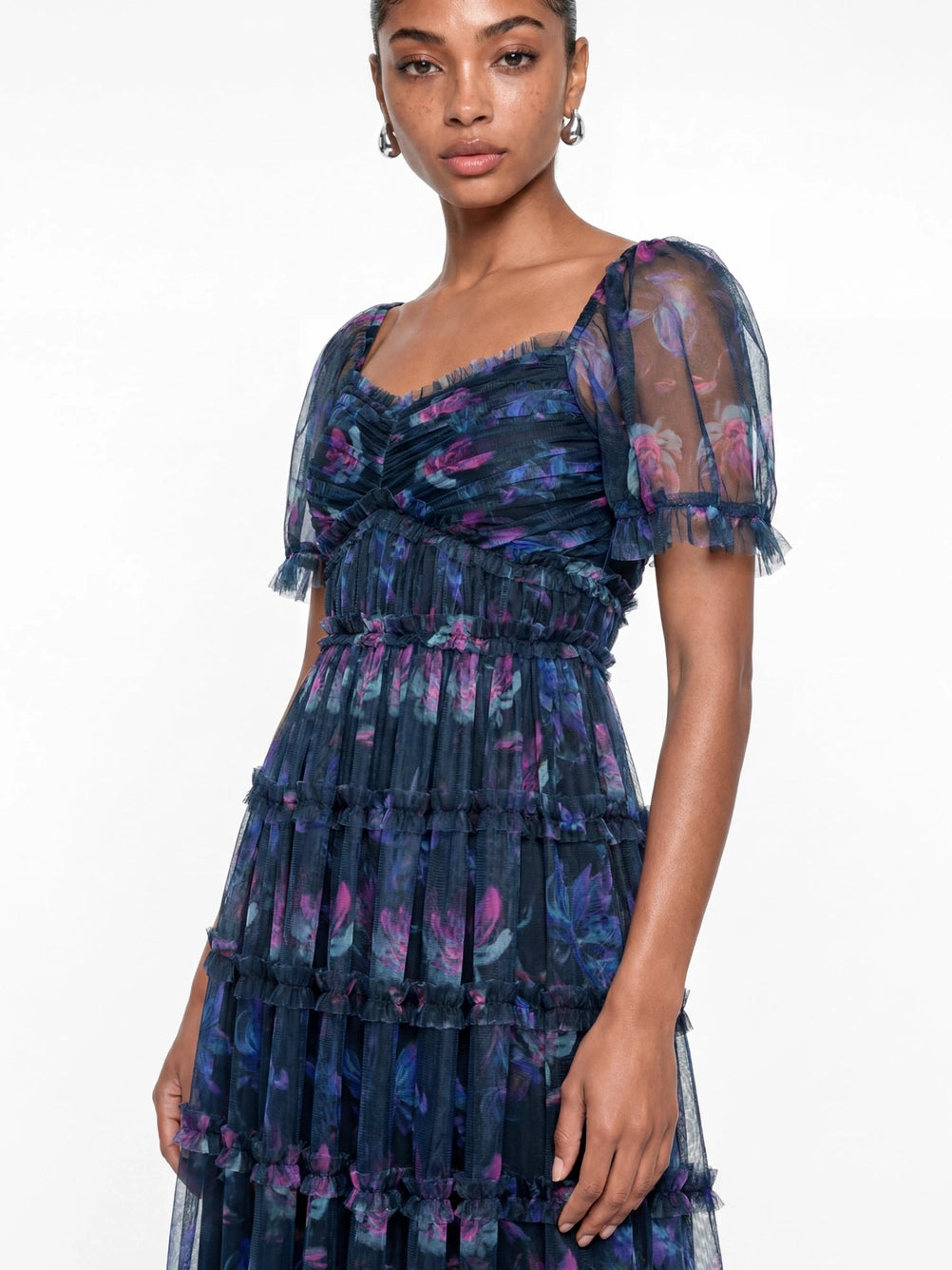 Anaya With Love Navy Floral Print Ruffle Midaxi Dress